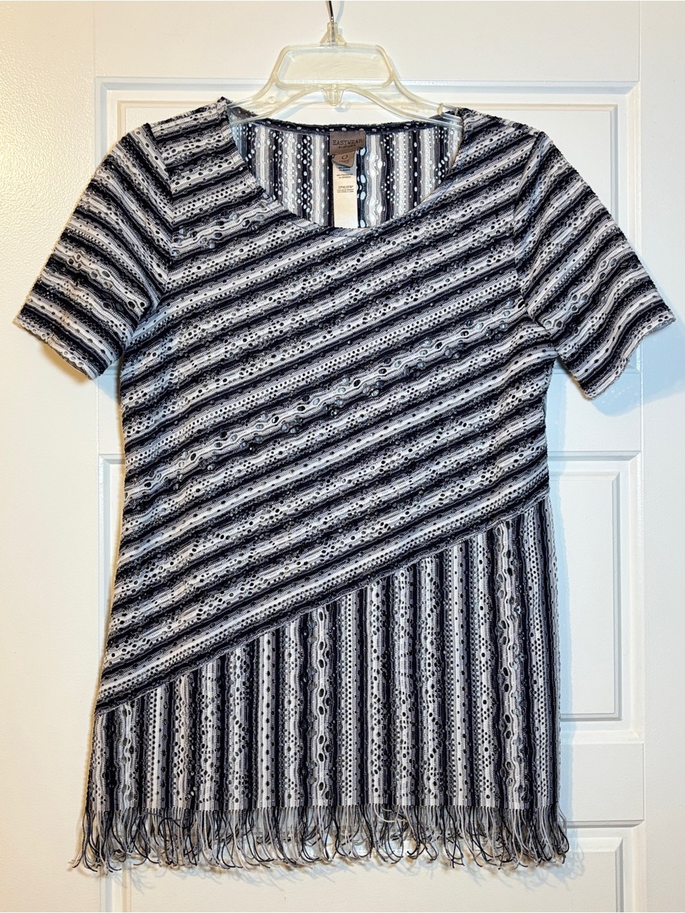 Chicos Blue & White Striped Short-Sleeve Open Knit Top with Fringe Hem